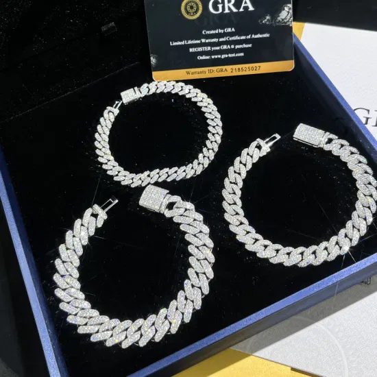 Bracelet à maillons cubains en or blanc, 2 rangées de diamants Moissanite glacés, 10mm, pour hommes et femmes, prix de gros