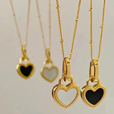 Collier en argent 925, bijoux de luxe à la mode, clavicule, coquille noire et blanche, en forme de cœur