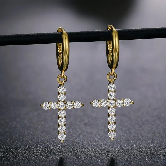 Boucles d'oreilles en forme de croix pour hommes et femmes, en argent S925, plaqué or 14K 18K, jaune et blanc, Moissanite, diamant, goutte d'eau